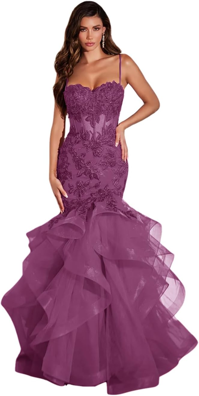 Damen Ballkleid mit Spitzenapplikation, Tüll, lang, Meerjungfrau-Stil, Rüschen, funkelnd, formelles Abendkleid 