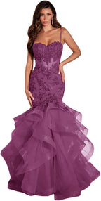 Damen Ballkleid mit Spitzenapplikation, Tüll, lang, Meerjungfrau-Stil, Rüschen, funkelnd, formelles Abendkleid 