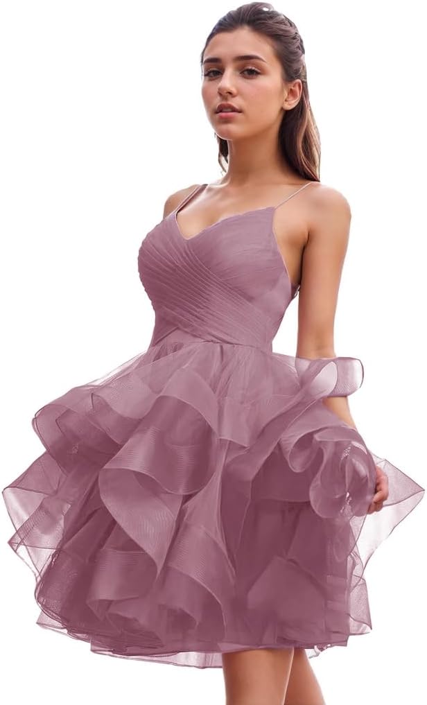 Women's Puffy Ruffle Short Homecoming Dress Tull Tutu Prom Dress V Neck Formal Party Gown