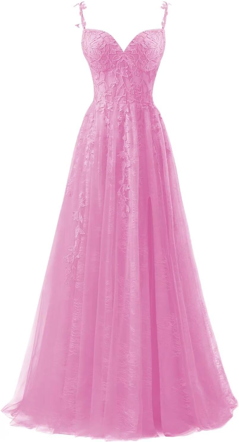 Lace Applique Tulle Prom Dresses for Women 2025 Spaghetti Straps Ball Gown Formal Evening Party Gown with Slit