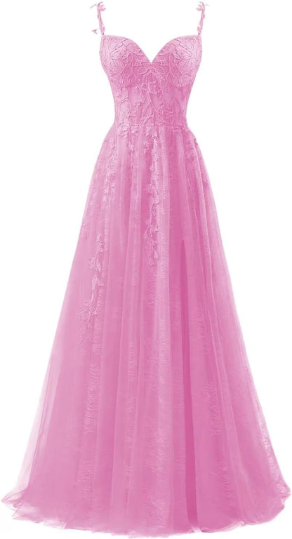 Lace Applique Tulle Prom Dresses for Women 2025 Spaghetti Straps Ball Gown Formal Evening Party Gown with Slit
