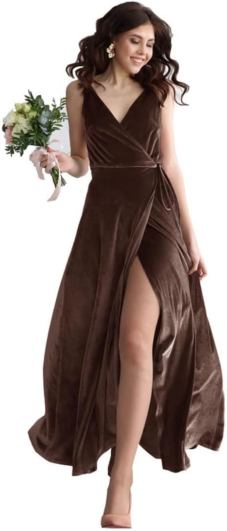 Velvet V Neck Bridesmaid Dress Long Women's Prom Formal Party Gown with Slit
