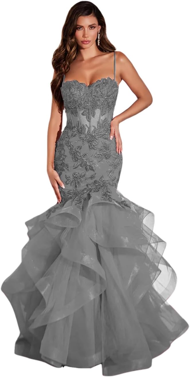 Damen Ballkleid mit Spitzenapplikation, Tüll, lang, Meerjungfrau-Stil, Rüschen, funkelnd, formelles Abendkleid 