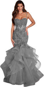 Damen Ballkleid mit Spitzenapplikation, Tüll, lang, Meerjungfrau-Stil, Rüschen, funkelnd, formelles Abendkleid 