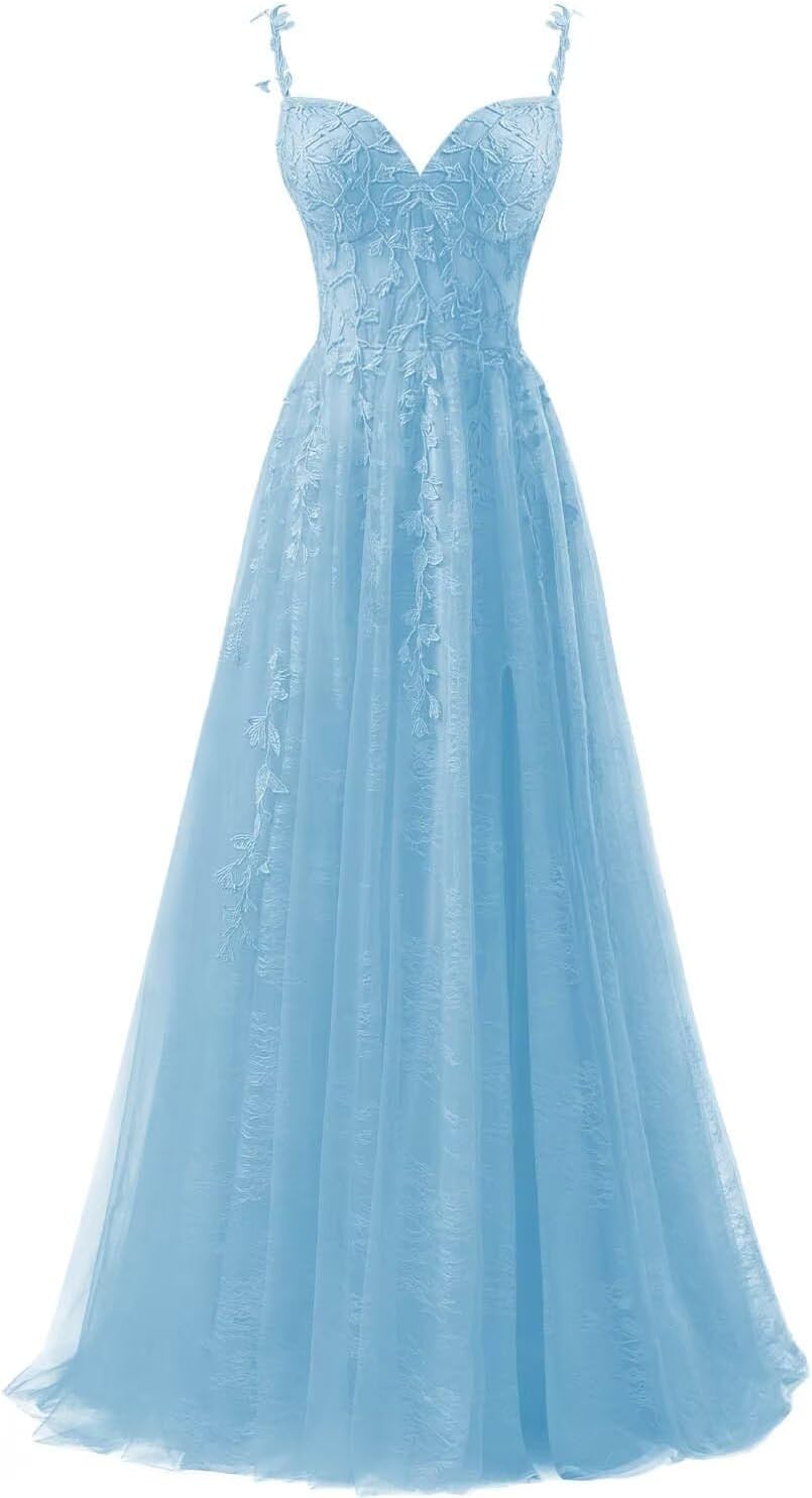 Vestidos de fiesta de tul con apliques de encaje para mujer 2025, vestido de fiesta formal de noche con tirantes finos y abertura 
