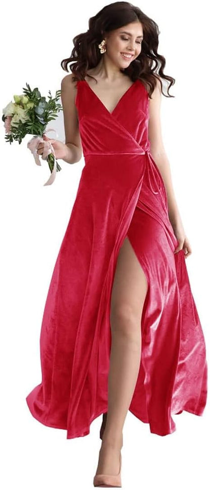 Velvet V Neck Bridesmaid Dress Long Women's Prom Formal Party Gown with Slit