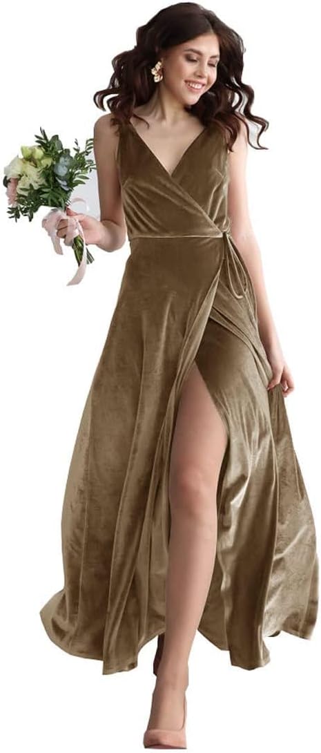 Velvet V Neck Bridesmaid Dress Long Women's Prom Formal Party Gown with Slit