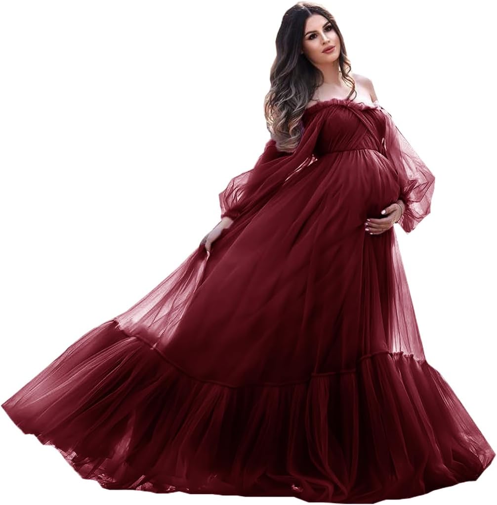 Puffy Sleeve Maternity Dress Tulle Robe for Photoshoot Off Shoulder Pregnancy Baby Shower Gown