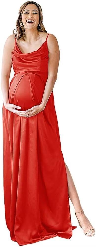 Spaghettiträger Umstandskleid Brautjungfernkleid für Fotoshooting Langes Satin Beinschlitz Schwangeres Abschlussball Partykleid 