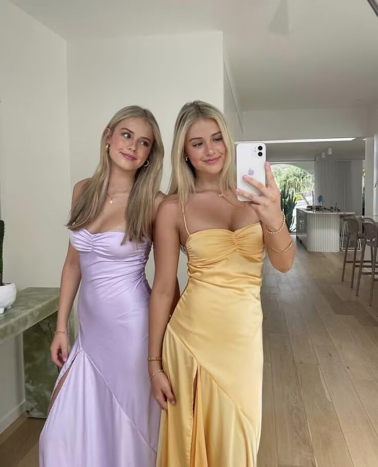Spaghetti Strap Satin Prom Dresses Long A Line Pleated Corset Bridesmaid Formal Dress with Slit
