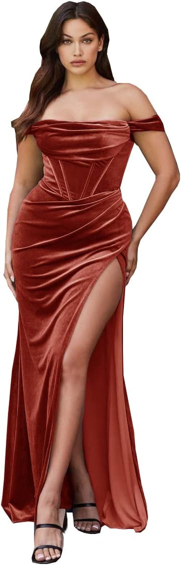 Vestido de fiesta de sirena con abertura de terciopelo para mujer, vestido largo de dama de honor con hombros descubiertos y sin tirantes 