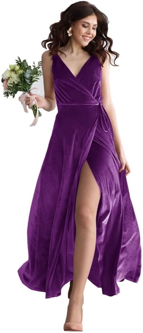 Samt V-Ausschnitt Brautjungfernkleid Langes Damen Ballkleid Formales Partykleid mit Schlitz 
