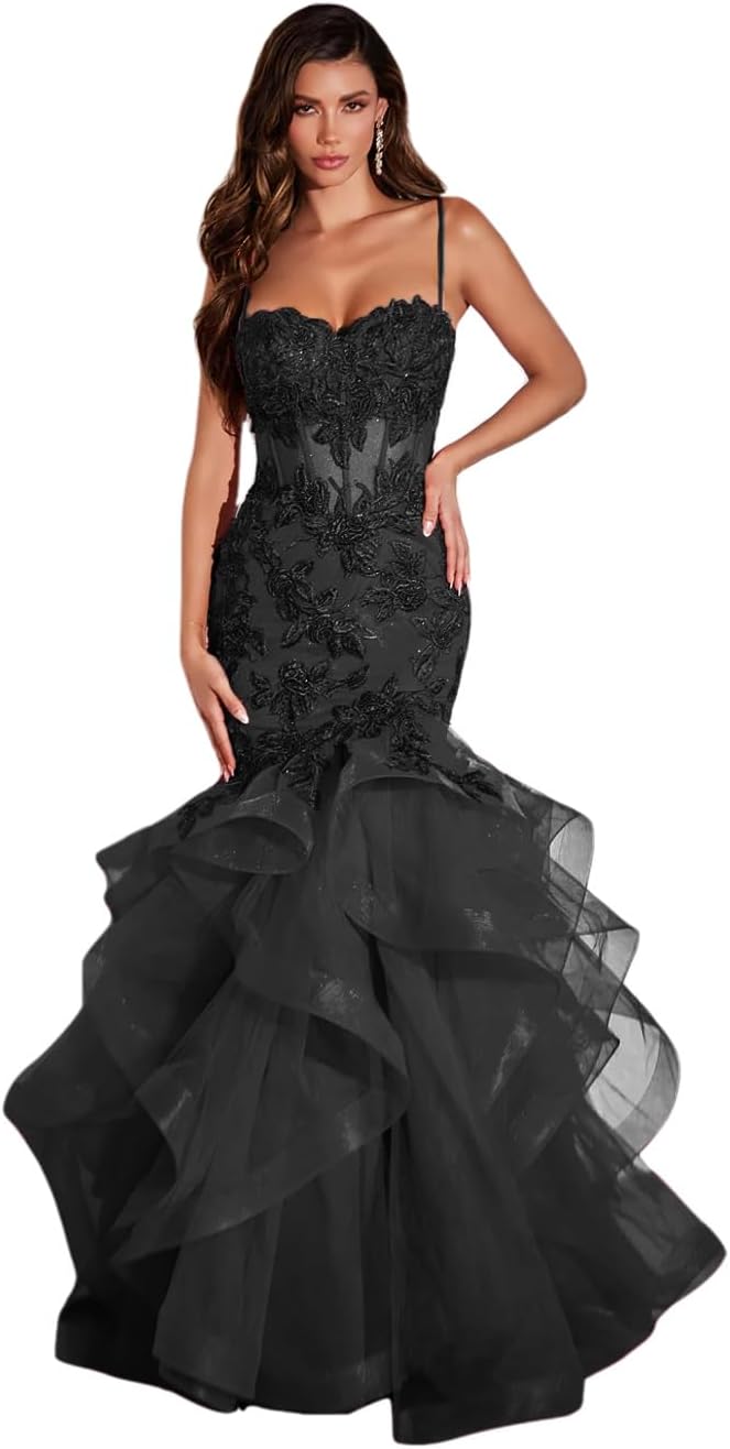 Damen Ballkleid mit Spitzenapplikation, Tüll, lang, Meerjungfrau-Stil, Rüschen, funkelnd, formelles Abendkleid 