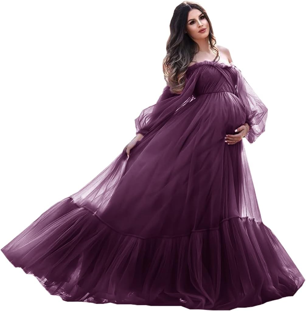 Puffy Sleeve Maternity Dress Tulle Robe for Photoshoot Off Shoulder Pregnancy Baby Shower Gown