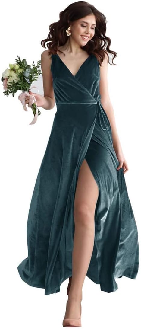 Velvet V Neck Bridesmaid Dress Long Women's Prom Formal Party Gown with Slit
