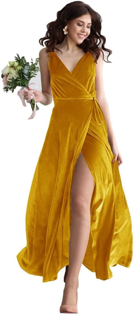 Velvet V Neck Bridesmaid Dress Long Women's Prom Formal Party Gown with Slit