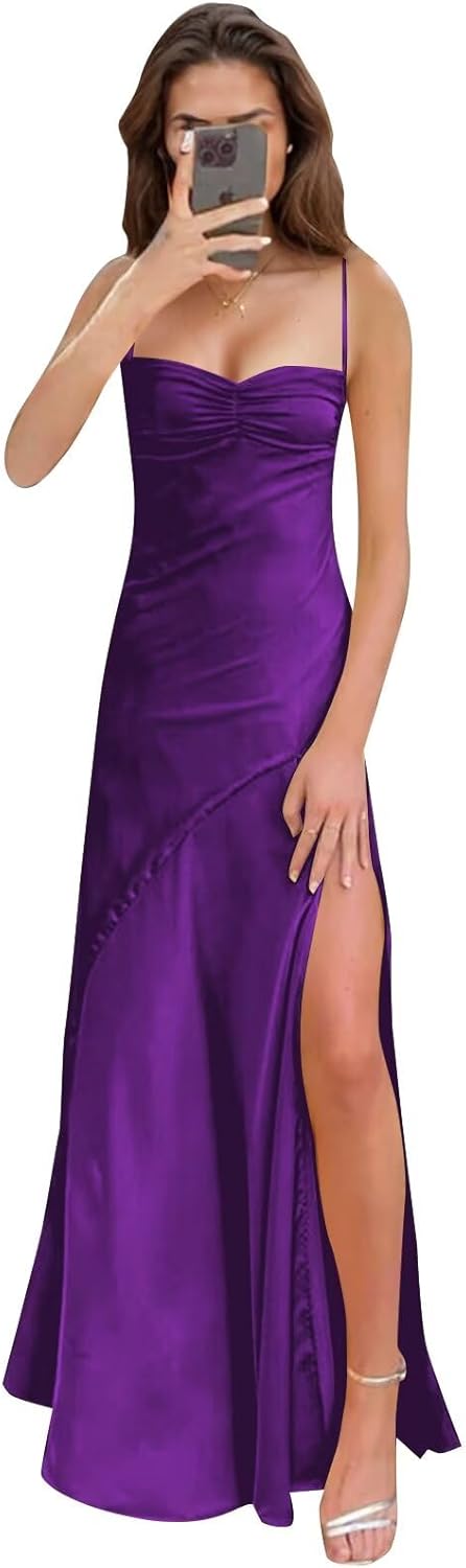 Spaghetti Strap Satin Prom Dresses Long A Line Pleated Corset Bridesmaid Formal Dress with Slit