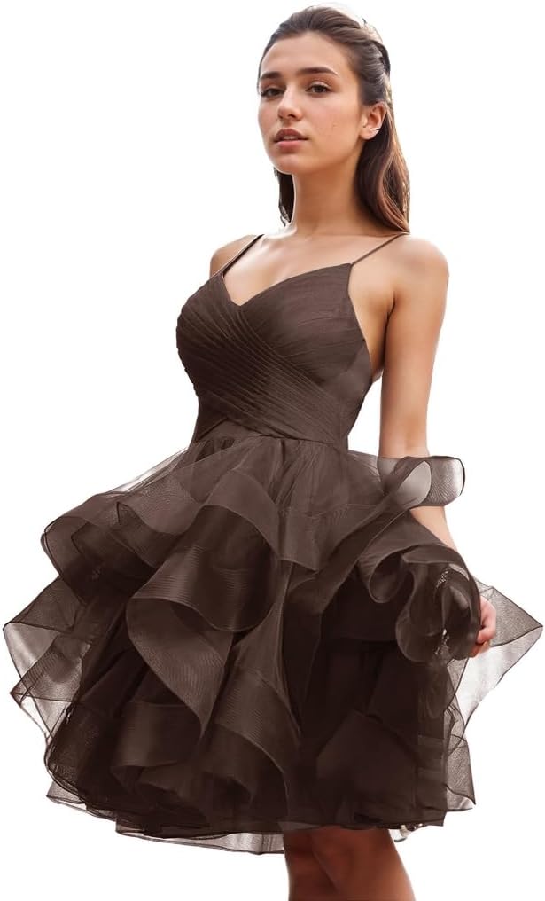 Women's Puffy Ruffle Short Homecoming Dress Tull Tutu Prom Dress V Neck Formal Party Gown