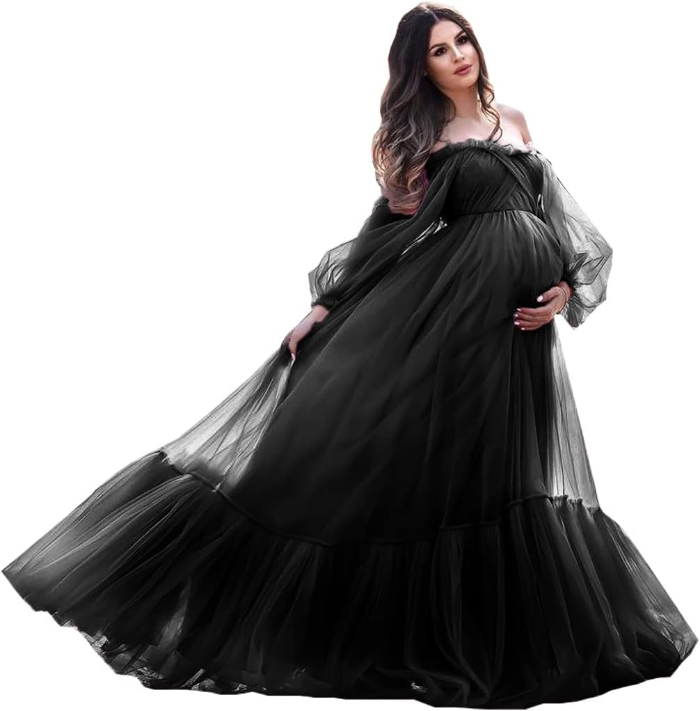 Puffy Sleeve Maternity Dress Tulle Robe for Photoshoot Off Shoulder Pregnancy Baby Shower Gown