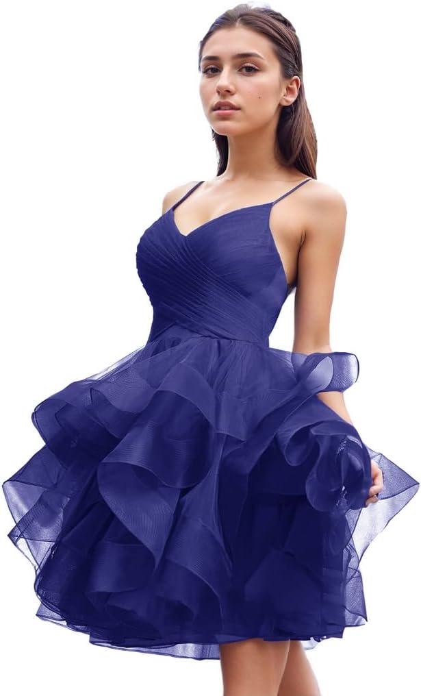 Women's Puffy Ruffle Short Homecoming Dress Tull Tutu Prom Dress V Neck Formal Party Gown