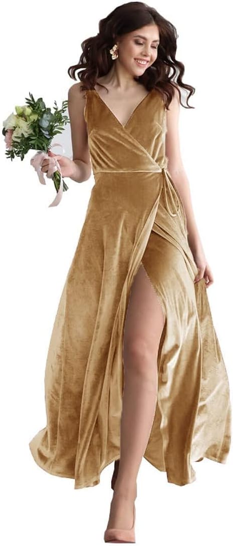 Velvet V Neck Bridesmaid Dress Long Women's Prom Formal Party Gown with Slit