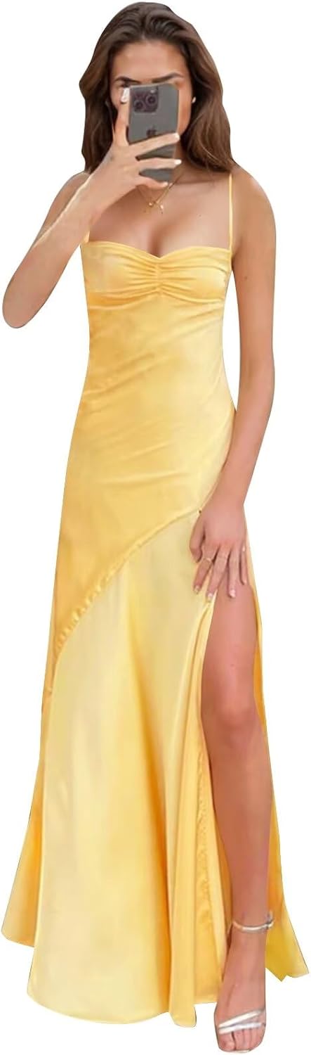 Spaghetti Strap Satin Prom Dresses Long A Line Pleated Corset Bridesmaid Formal Dress with Slit