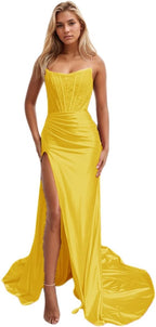 Vestidos de fiesta de sirena con encaje satinado para mujer, largos con abertura, sin tirantes, para noche formal, 2025 