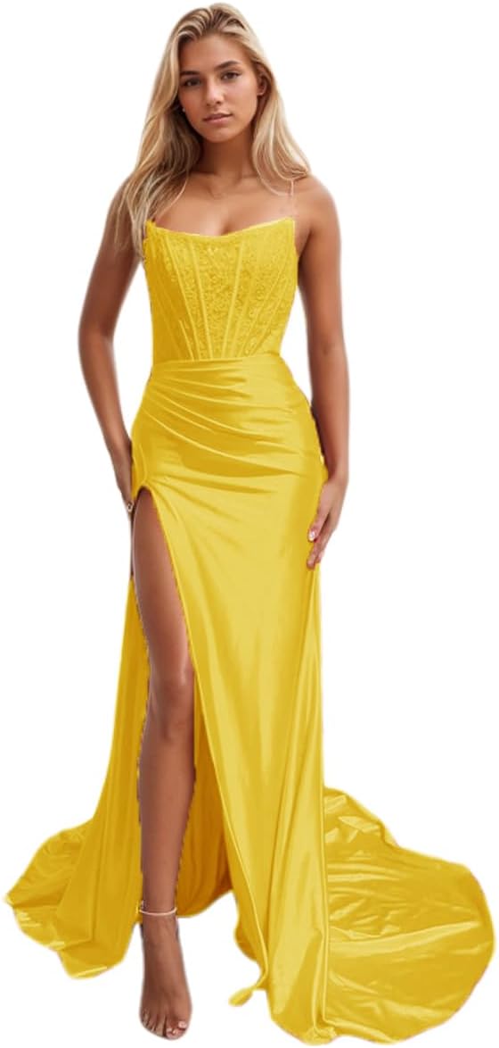 Vestidos de fiesta de sirena con encaje satinado para mujer, largos con abertura, sin tirantes, para noche formal, 2025 