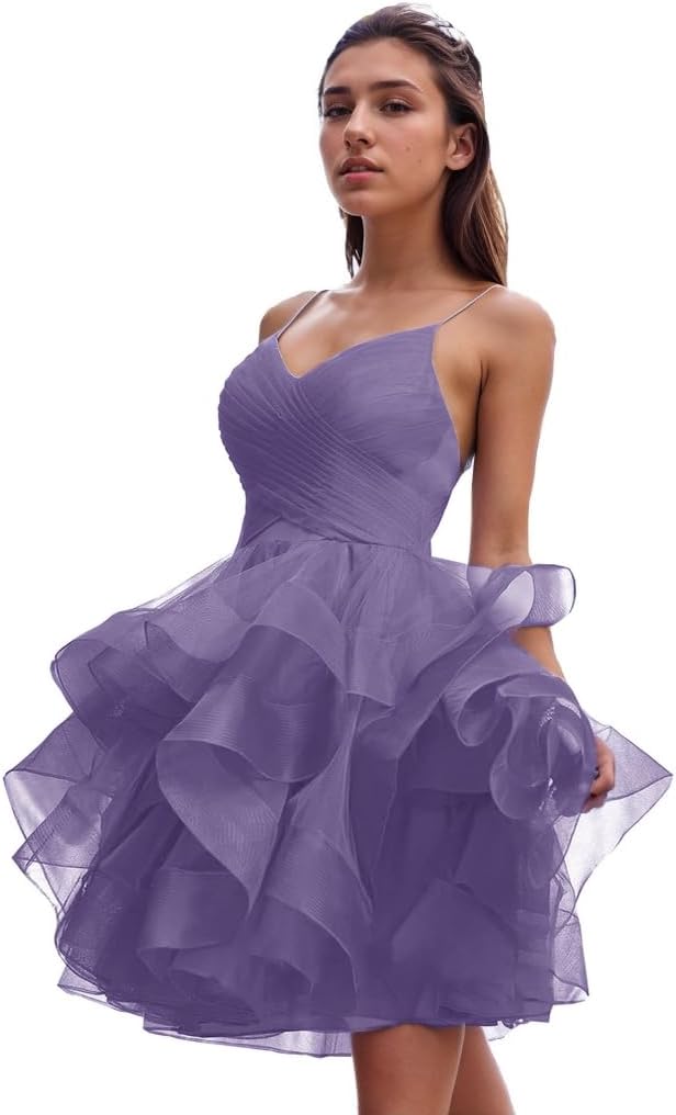 Women's Puffy Ruffle Short Homecoming Dress Tull Tutu Prom Dress V Neck Formal Party Gown