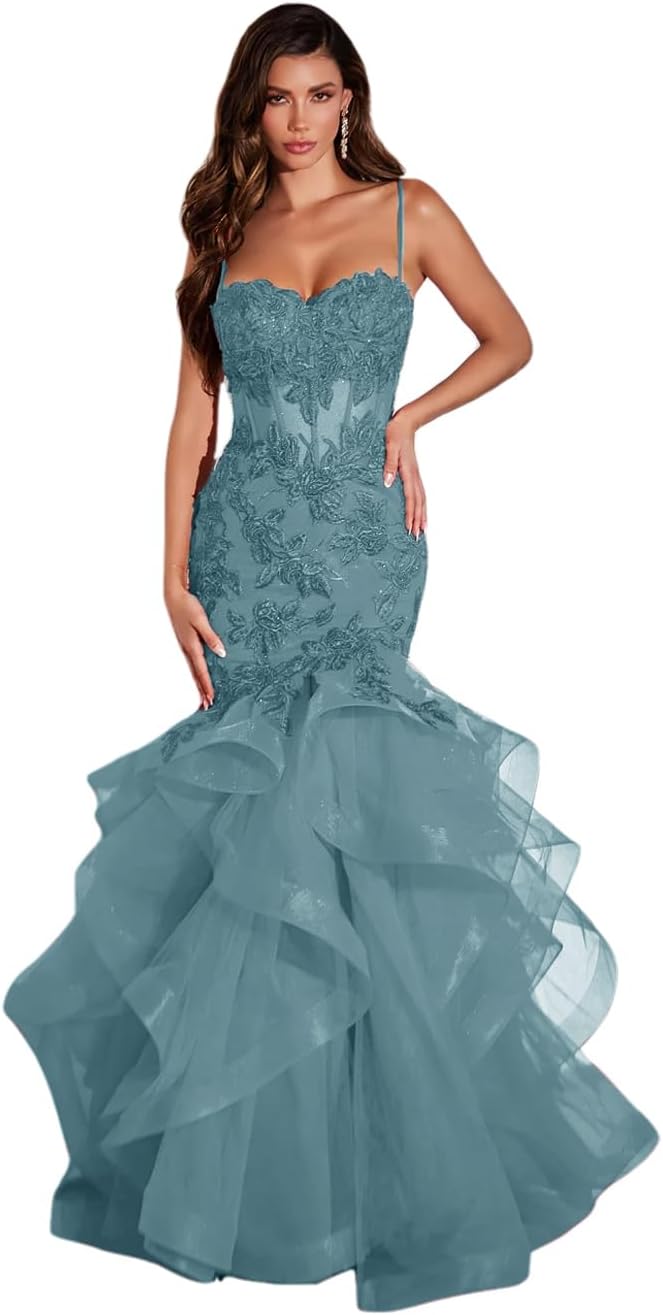 Damen Ballkleid mit Spitzenapplikation, Tüll, lang, Meerjungfrau-Stil, Rüschen, funkelnd, formelles Abendkleid 