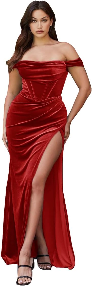 Vestido de fiesta de sirena con abertura de terciopelo para mujer, vestido largo de dama de honor con hombros descubiertos y sin tirantes 
