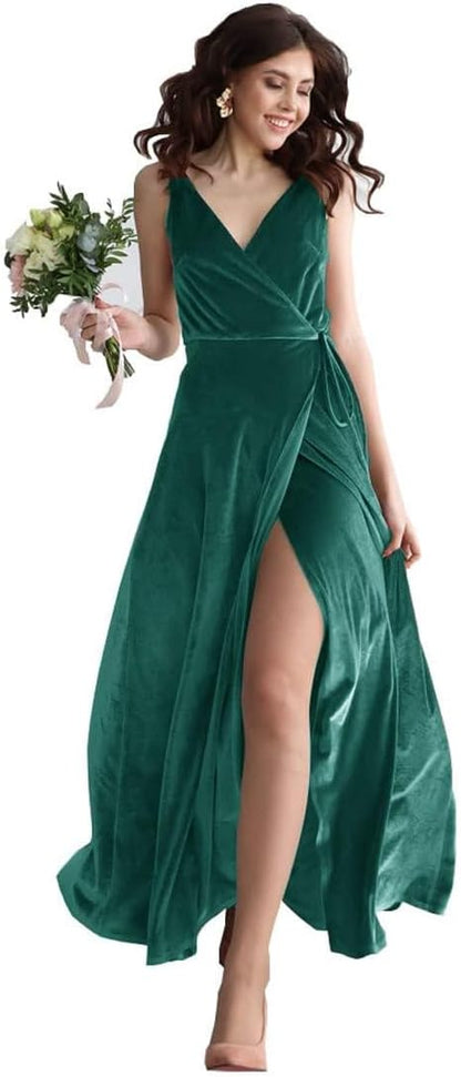 Velvet V Neck Bridesmaid Dress Long Women's Prom Formal Party Gown with Slit