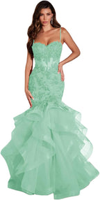 Damen Ballkleid mit Spitzenapplikation, Tüll, lang, Meerjungfrau-Stil, Rüschen, funkelnd, formelles Abendkleid 