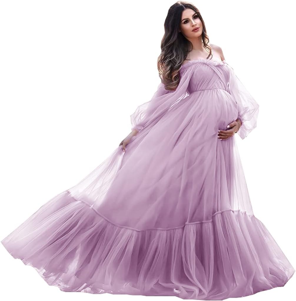Puffy Sleeve Maternity Dress Tulle Robe for Photoshoot Off Shoulder Pregnancy Baby Shower Gown