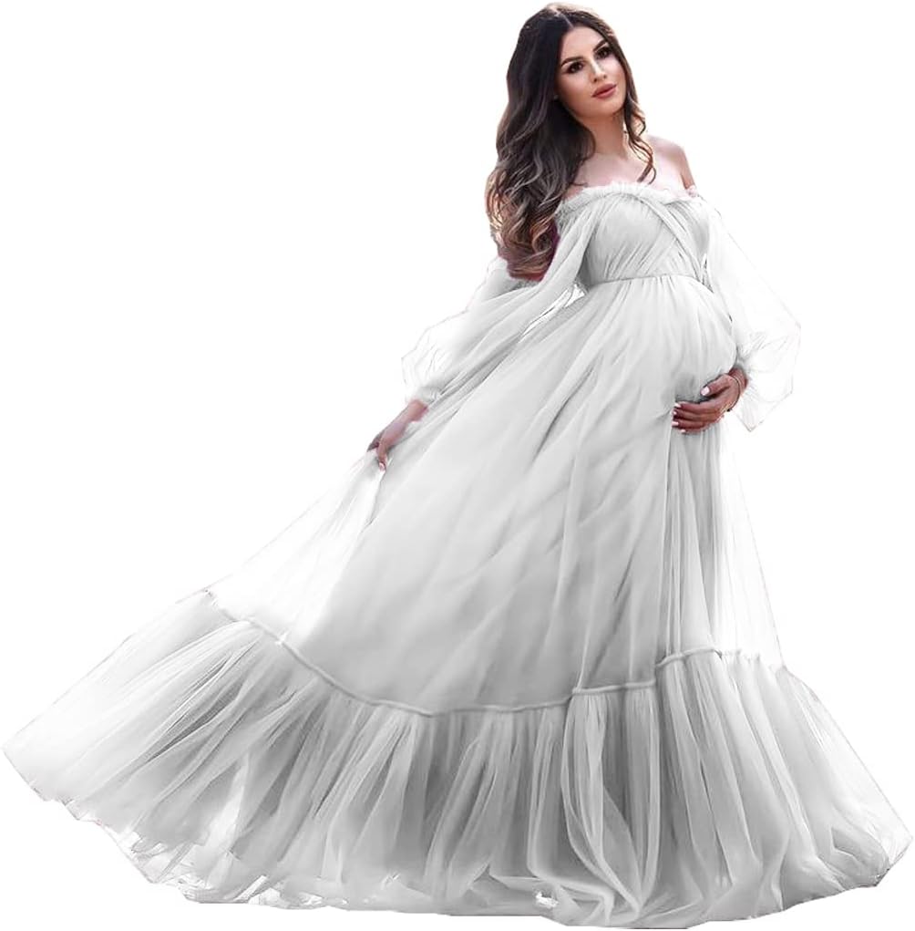 Puffy Sleeve Maternity Dress Tulle Robe for Photoshoot Off Shoulder Pregnancy Baby Shower Gown