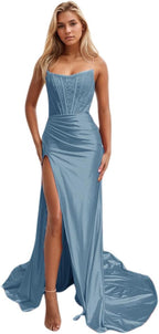 Vestidos de fiesta de sirena con encaje satinado para mujer, largos con abertura, sin tirantes, para noche formal, 2025 