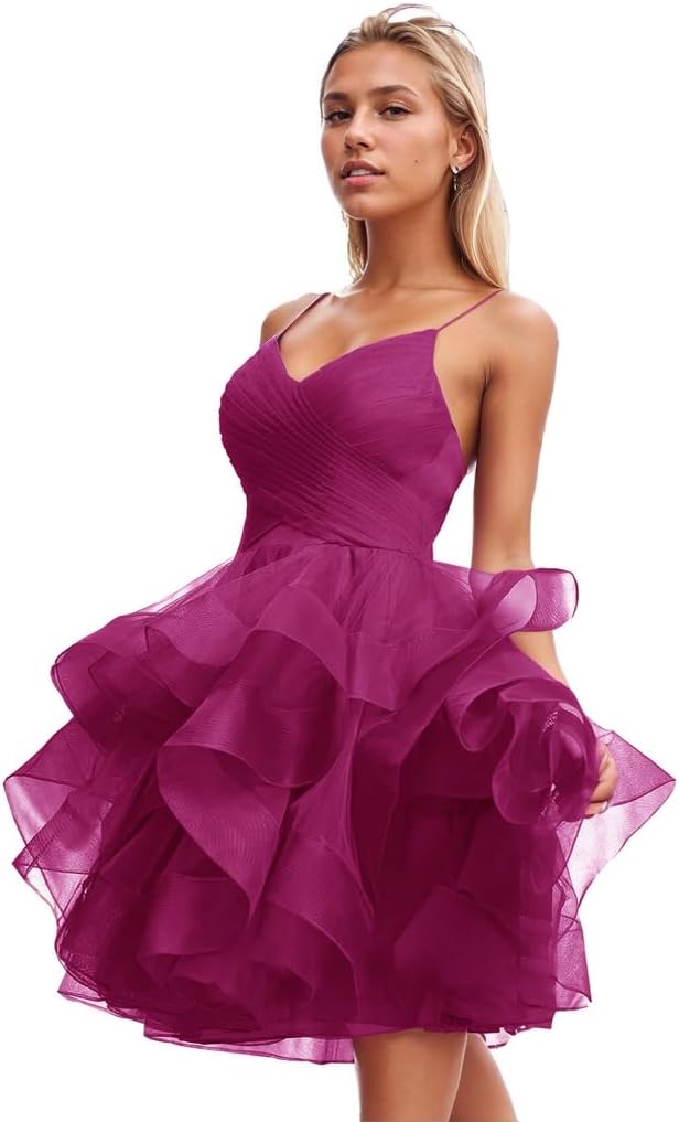 Women's Puffy Ruffle Short Homecoming Dress Tull Tutu Prom Dress V Neck Formal Party Gown