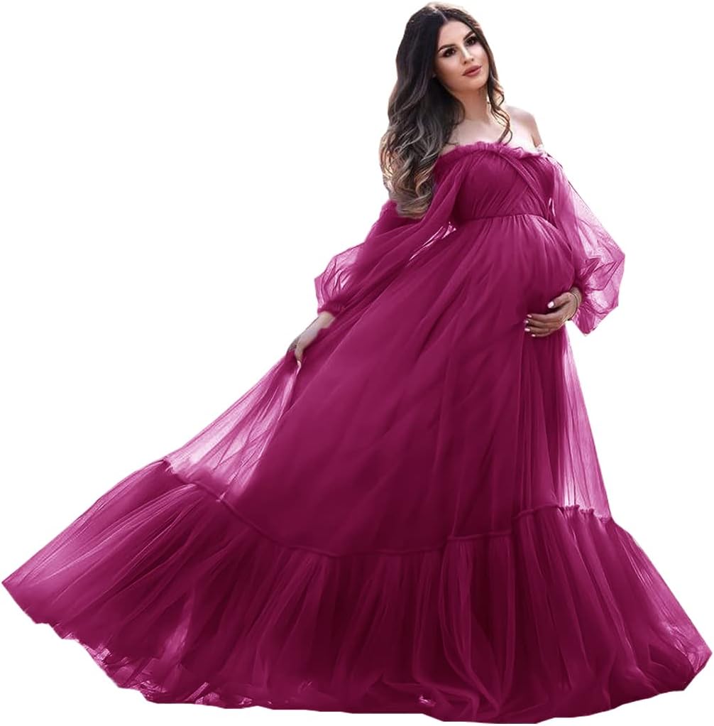 Puffy Sleeve Maternity Dress Tulle Robe for Photoshoot Off Shoulder Pregnancy Baby Shower Gown