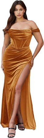 Damen Samt Schlitz Meerjungfrau Ballkleid Lang Schulterfrei Brautjungfernkleid Trägerlos Partykleid 