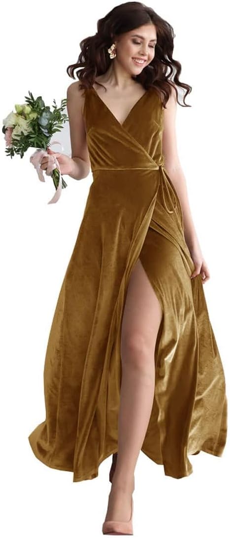 Velvet V Neck Bridesmaid Dress Long Women's Prom Formal Party Gown with Slit