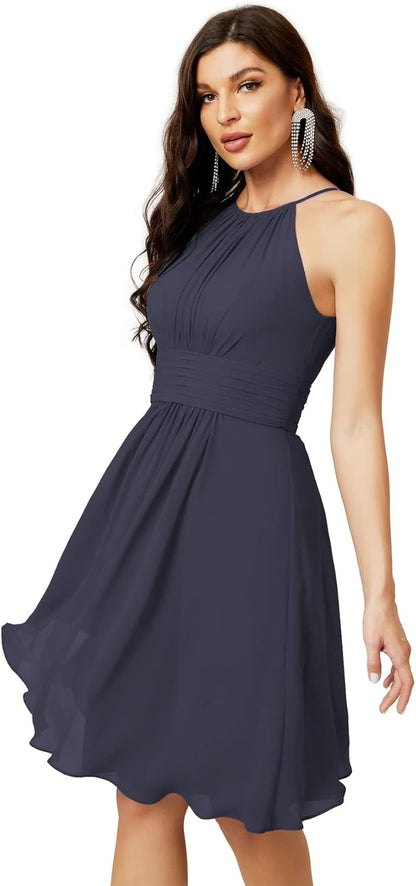 Sunnderly Short Halter Top Chiffon Bridesmaid Dresses Tea Length A Line Formal Evening Party Cocktail Dress Dusty Rose