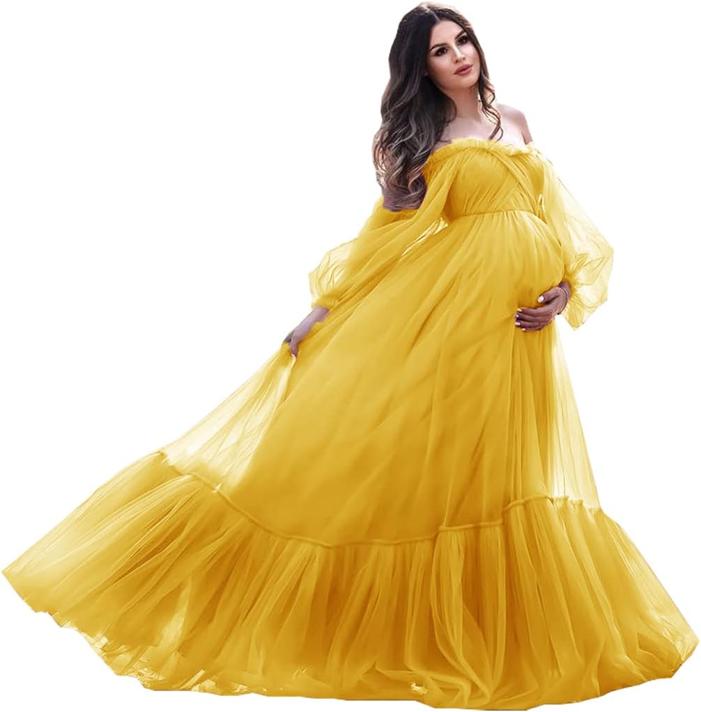 Puffy Sleeve Maternity Dress Tulle Robe for Photoshoot Off Shoulder Pregnancy Baby Shower Gown
