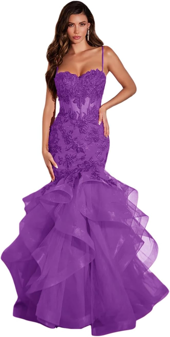 Damen Ballkleid mit Spitzenapplikation, Tüll, lang, Meerjungfrau-Stil, Rüschen, funkelnd, formelles Abendkleid 