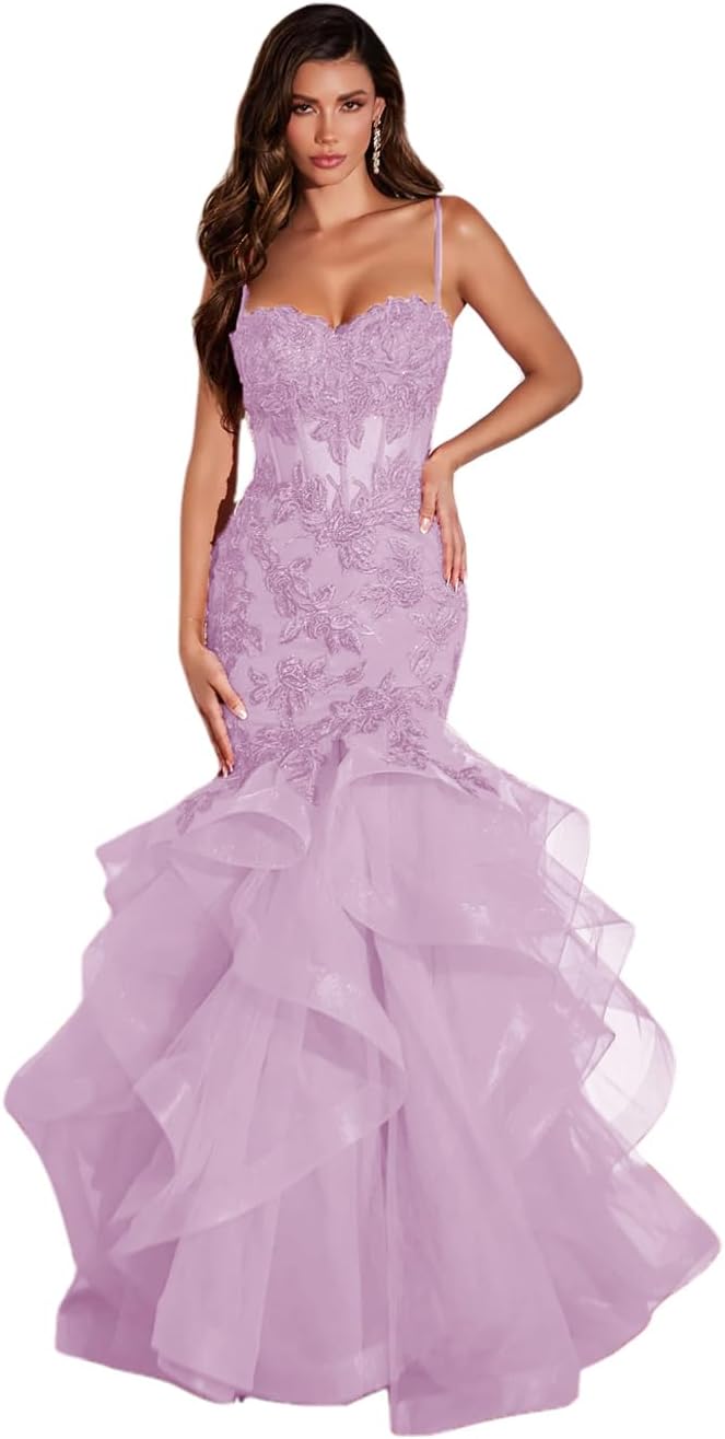 Damen Ballkleid mit Spitzenapplikation, Tüll, lang, Meerjungfrau-Stil, Rüschen, funkelnd, formelles Abendkleid 