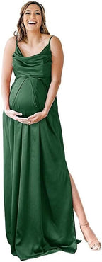 Spaghettiträger Umstandskleid Brautjungfernkleid für Fotoshooting Langes Satin Beinschlitz Schwangeres Abschlussball Partykleid 