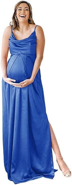 Spaghettiträger Umstandskleid Brautjungfernkleid für Fotoshooting Langes Satin Beinschlitz Schwangeres Abschlussball Partykleid 