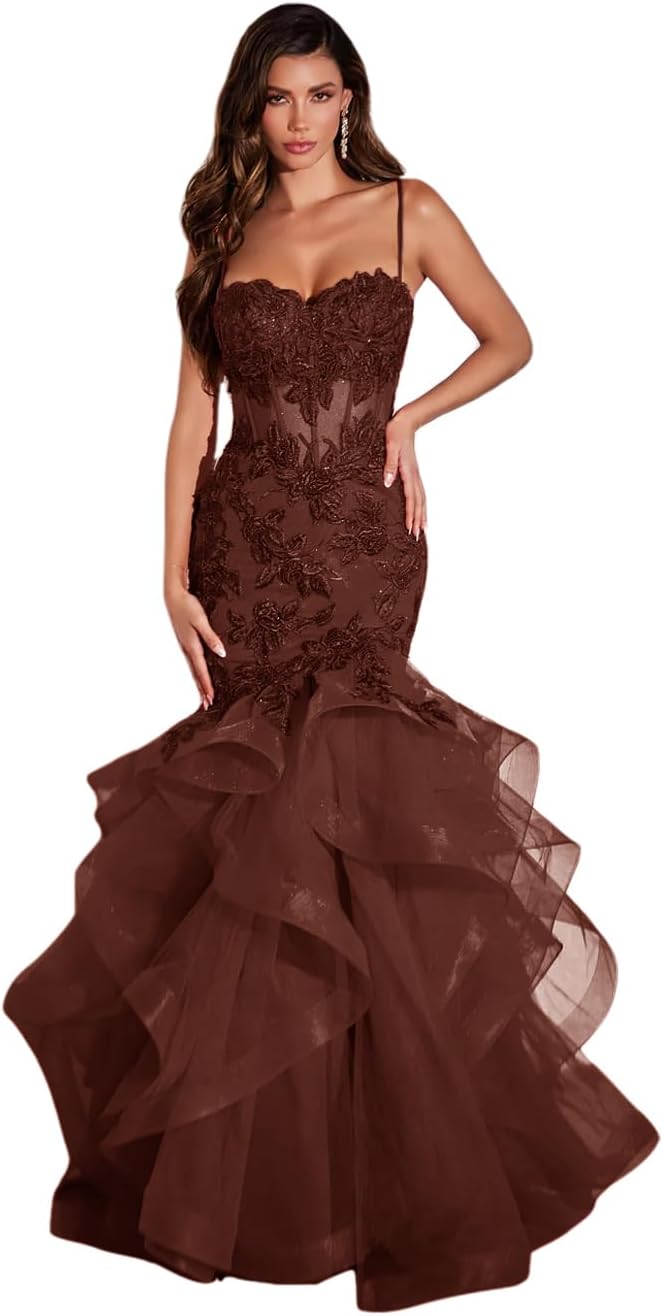 Damen Ballkleid mit Spitzenapplikation, Tüll, lang, Meerjungfrau-Stil, Rüschen, funkelnd, formelles Abendkleid 