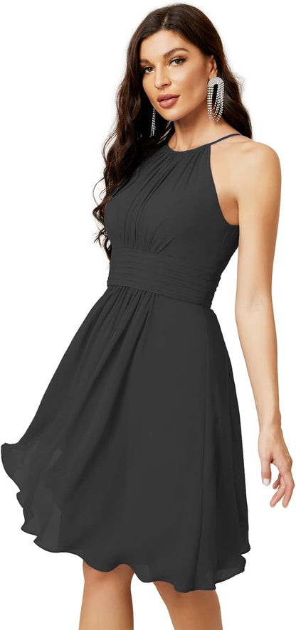 Sunnderly Short Halter Top Chiffon Bridesmaid Dresses Tea Length A Line Formal Evening Party Cocktail Dress Dusty Rose