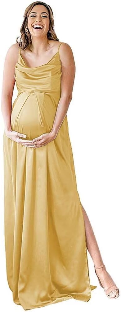 Spaghettiträger Umstandskleid Brautjungfernkleid für Fotoshooting Langes Satin Beinschlitz Schwangeres Abschlussball Partykleid 