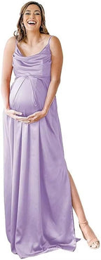 Spaghettiträger Umstandskleid Brautjungfernkleid für Fotoshooting Langes Satin Beinschlitz Schwangeres Abschlussball Partykleid 